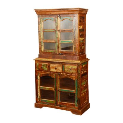 Picture of Pioneer Rustic Reclaimed Wood Glass Breakfront Buffet With Hutch