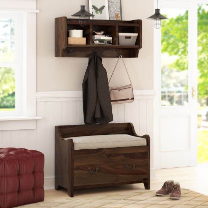 Picture of Sapinero 34 inch Rustic Solid Wood Wall Hanging Entryway Hall Tree Bench with Storage