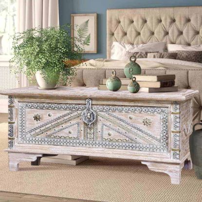 Picture of Varna White Wash Distressed Reclaimed Wood Brass Accent Storage Trunk