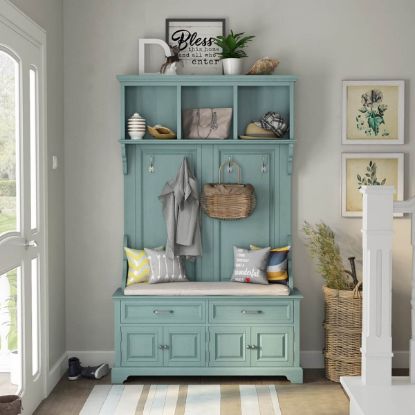 Picture of Sabran 47 inch Solid Wood Turquoise Blue Entryway Hall Tree with Bench and Storage