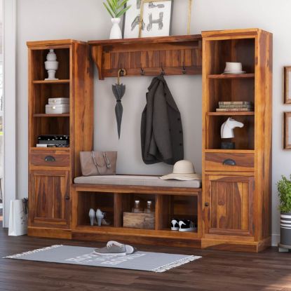 Picture of Peletier 88 inch Rustic Solid Wood 4 Piece Entryway Hall Tree Set