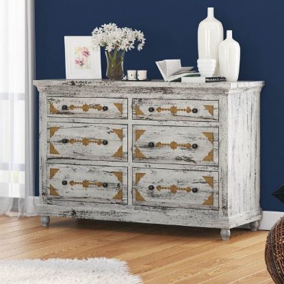 Picture of Tudor Brass Inlay Distressed Mango Wood White Dresser With 6 Drawers