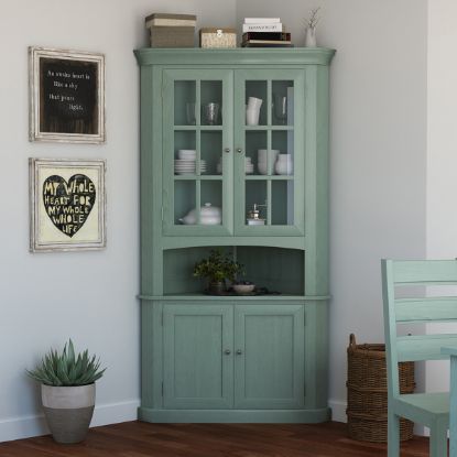 Picture of Bremerton Blue Solid Mahogany Wood Glass Door Corner Hutch