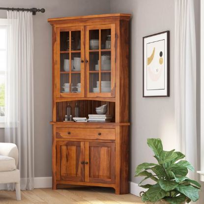 Picture of Denison Rustic Solid Wood Glass Door Corner Hutch
