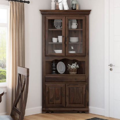 Picture of Tiverton Rustic Solid Wood Glass Door Dining Corner Hutch