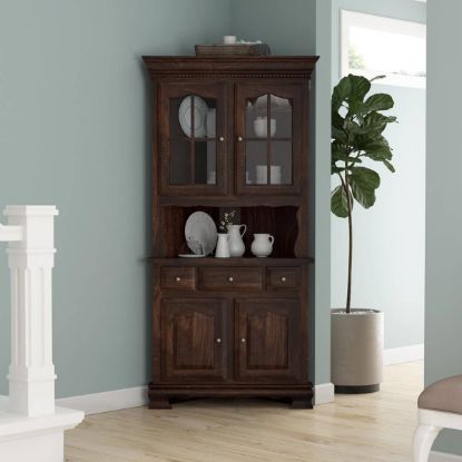 Picture of Carlinville Rustic Solid Wood Glass Door Corner Hutch