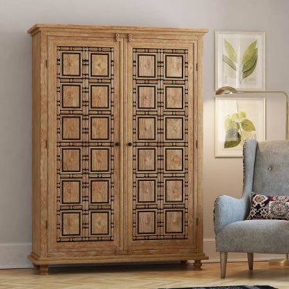Picture of Morna Solid Teak Wood Clothing Armoire Wardrobe with Removable Shelves
