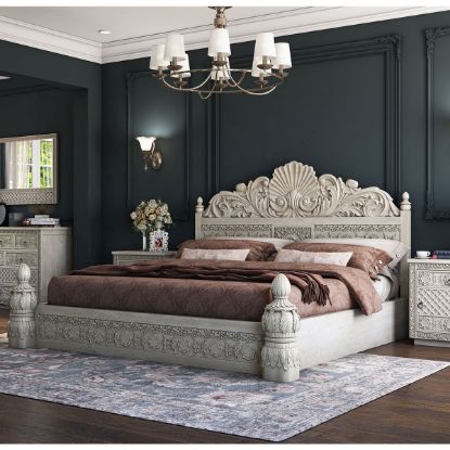 Picture of Nuala Hand Carved White Washed Solid Wood Platform Bed Frame