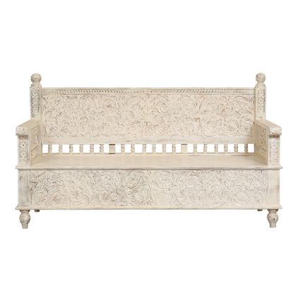 Picture of Madera Rustic Traditional Hand Carved 3-Seater Wood Frame White Sofa		