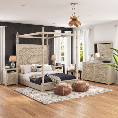 Picture of Memphis Weathered Hand-carved Solid Mahogany Wood 4 Piece Bedroom Set
